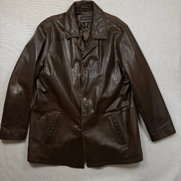 VTG Structure Brown Leather Coat Button Front Lined Outerwear Jacket Size XL - Picture 1 of 12